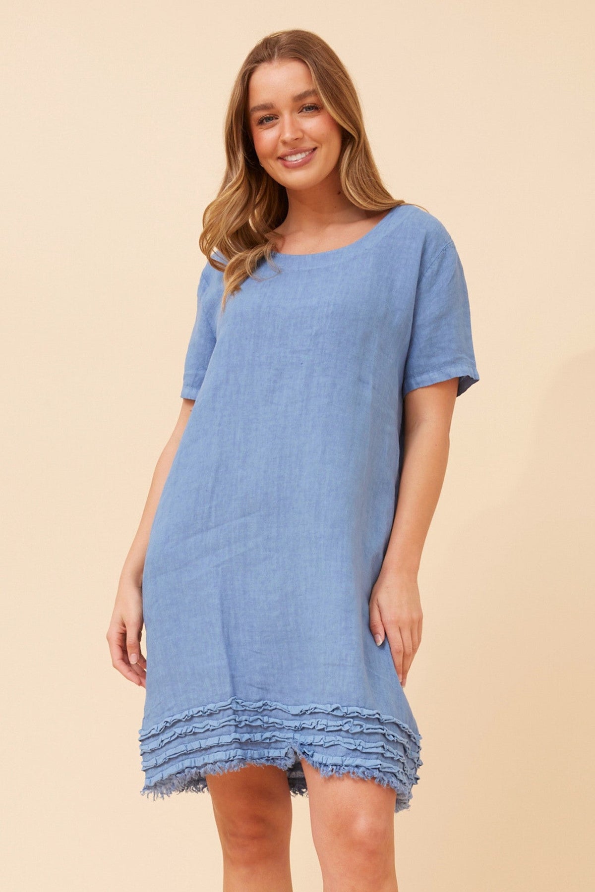 Image of Dresses. Product name - DIVANA LINEN DRESS in Denim colour by brand - BOTTEGA MODA