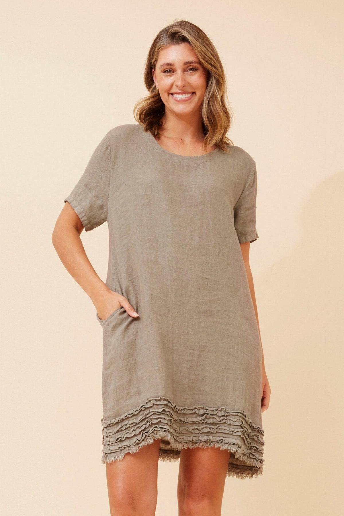 Image of Dresses. Product name - DIVANA LINEN DRESS in Fango colour by brand - BOTTEGA MODA