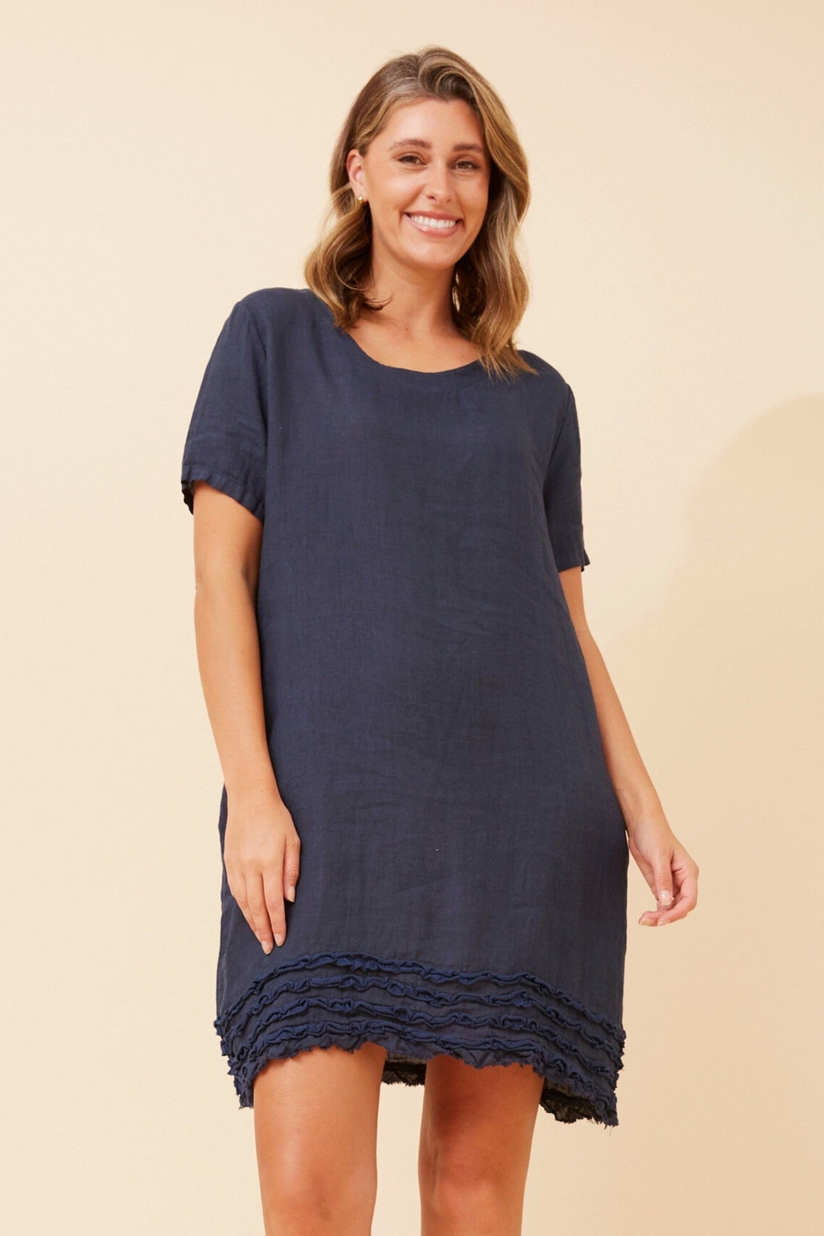 Image of Dresses. Product name - DIVANA LINEN DRESS in Navy colour by brand - BOTTEGA MODA