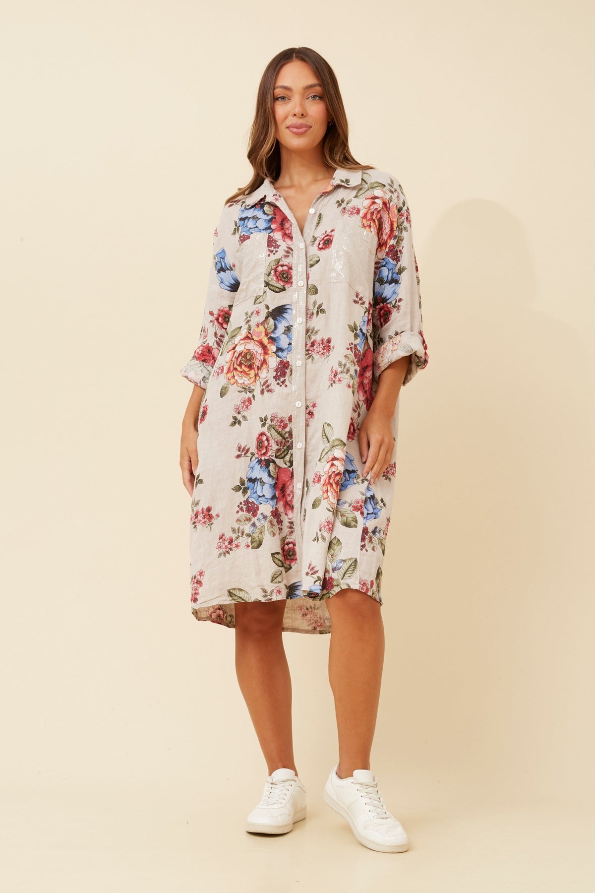 Image of Dresses. Product name - ELYSIA FLORAL LINEN SHIRT DRESS in Beige colour by brand - BOTTEGA MODA