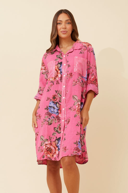 ELYSIA FLORAL LINEN SHIRT DRESS (Beige)