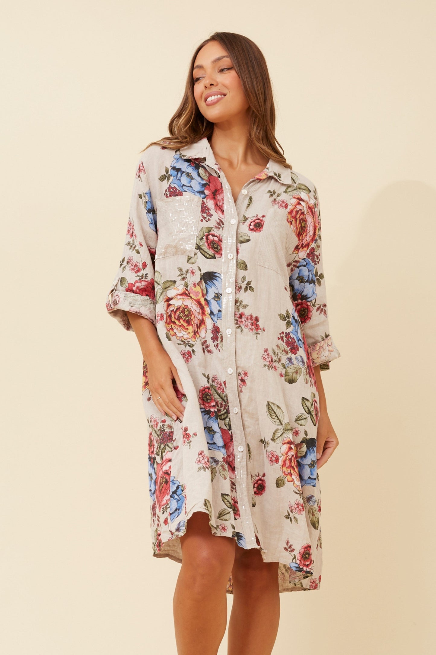 ELYSIA FLORAL LINEN SHIRT DRESS (Beige)