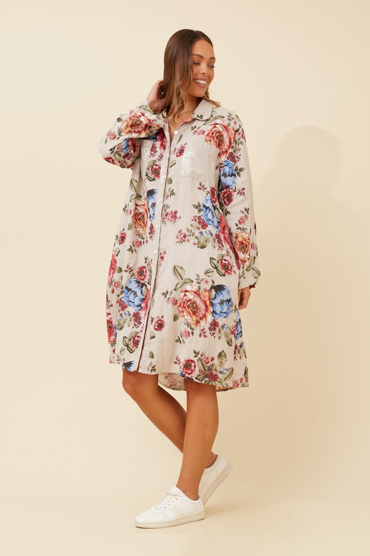 ELYSIA FLORAL LINEN SHIRT DRESS (Beige)