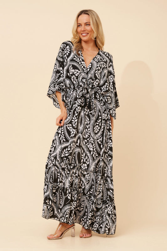 Image of Dresses. Product name - CHANDRA PAISLEY PRINT MAXI DRESS in Black/White colour by brand - MYSTIC MONSOON