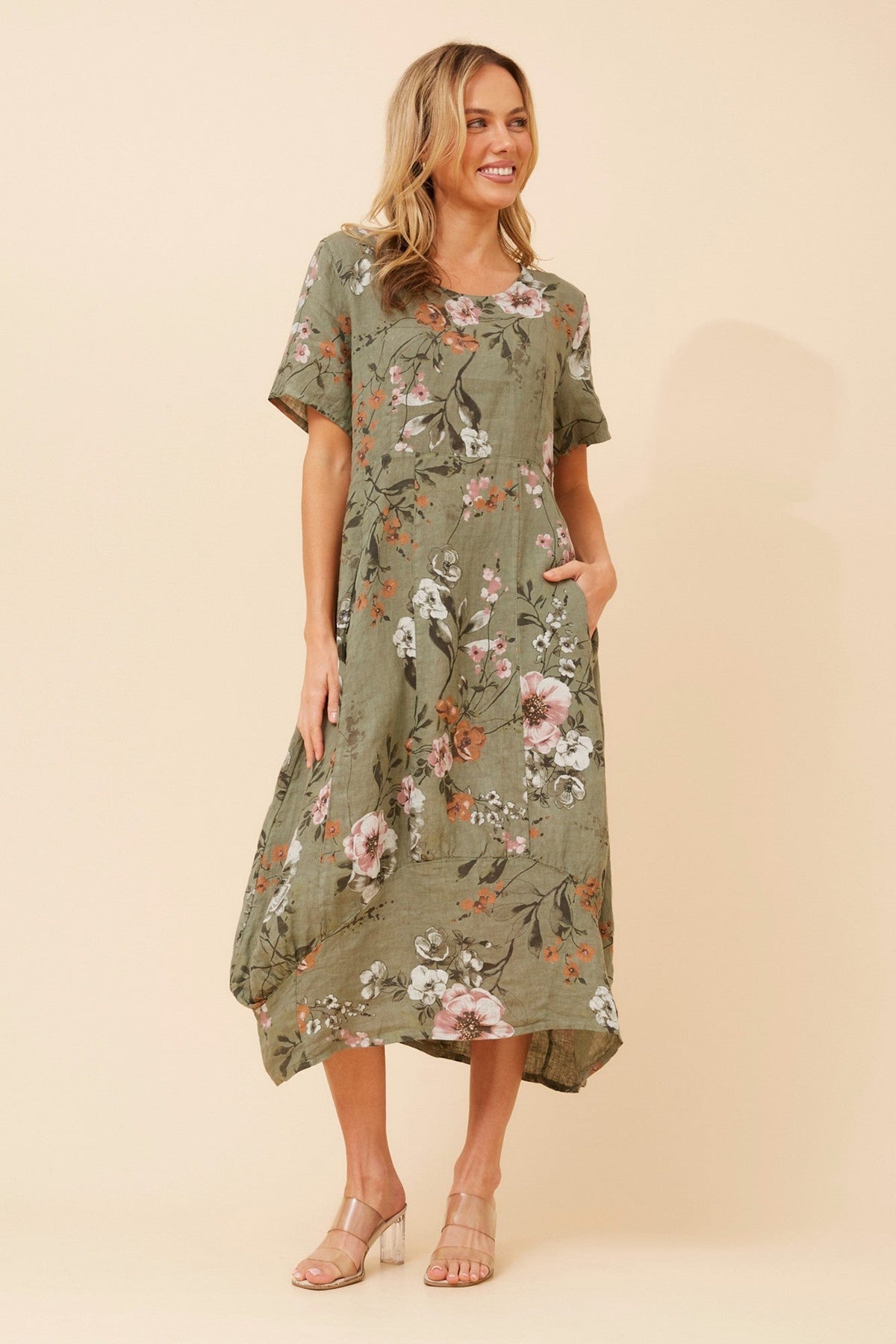 Image of Dresses. Product name - VAL FLORAL LINEN DRESS in Khaki colour by brand - BOTTEGA MODA