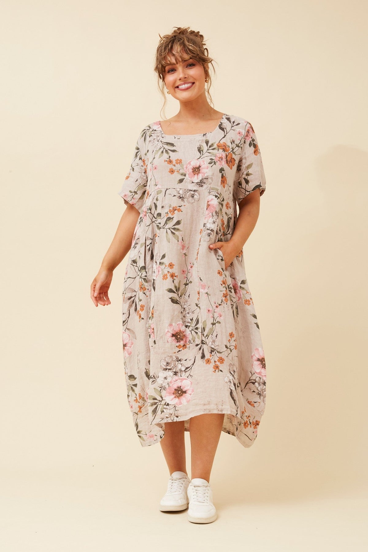 Image of Dresses. Product name - VAL FLORAL LINEN DRESS in Khaki colour by brand - BOTTEGA MODA