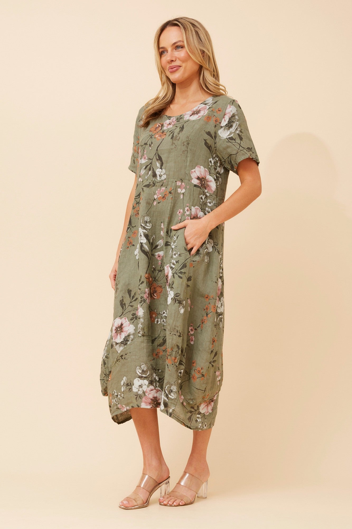 VAL FLORAL LINEN DRESS (Khaki)