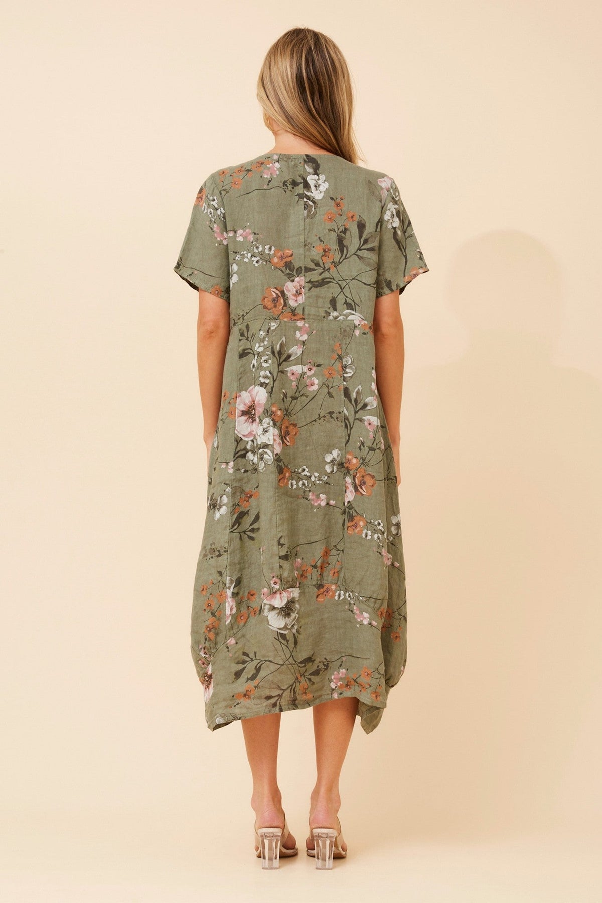 VAL FLORAL LINEN DRESS (Khaki)