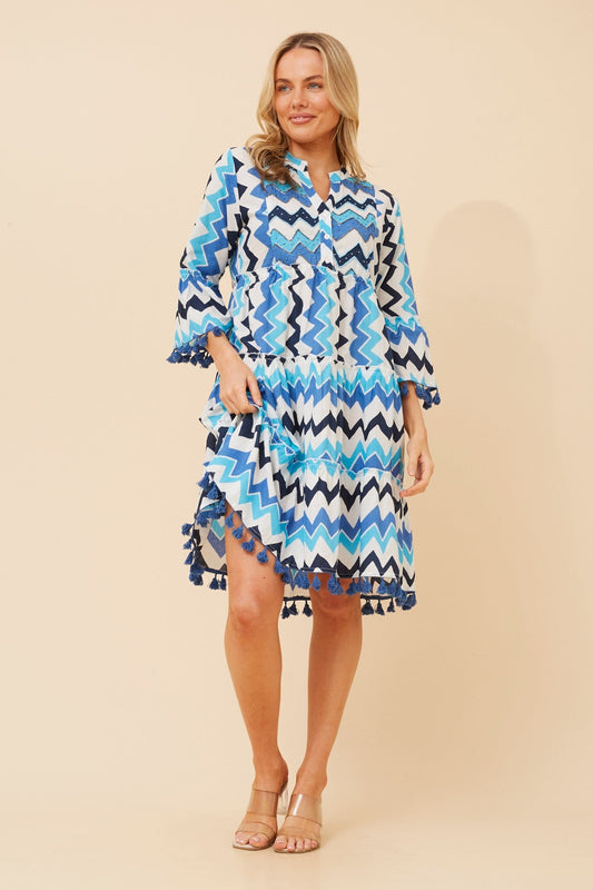 Image of Dresses. Product name - LALITY ABSTRACT PRINT DRESS in Multi Blue colour by brand - MYSTIC MONSOON