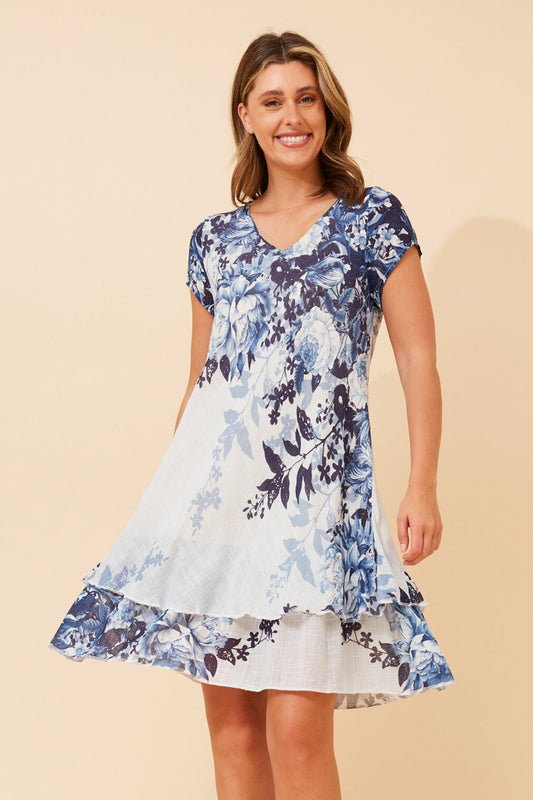 Image of Dresses. Product name - ELECTRA FLORAL DRESS in Blue colour by brand - BOTTEGA MODA