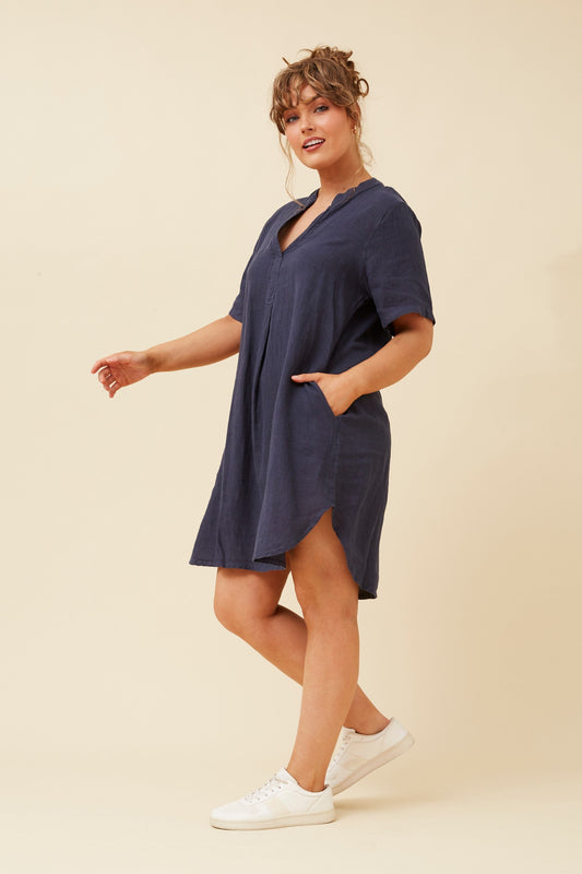 RIZZO LINEN SHORT DRESS (Navy)