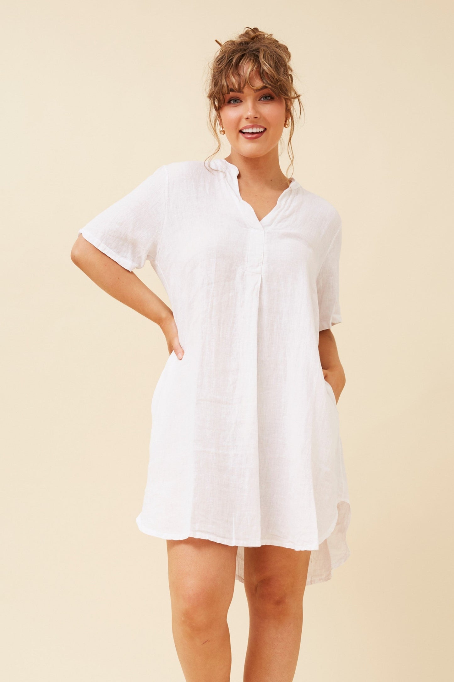 Image of Dresses. Product name - RIZZO LINEN SHORT DRESS in Navy colour by brand - BOTTEGA MODA