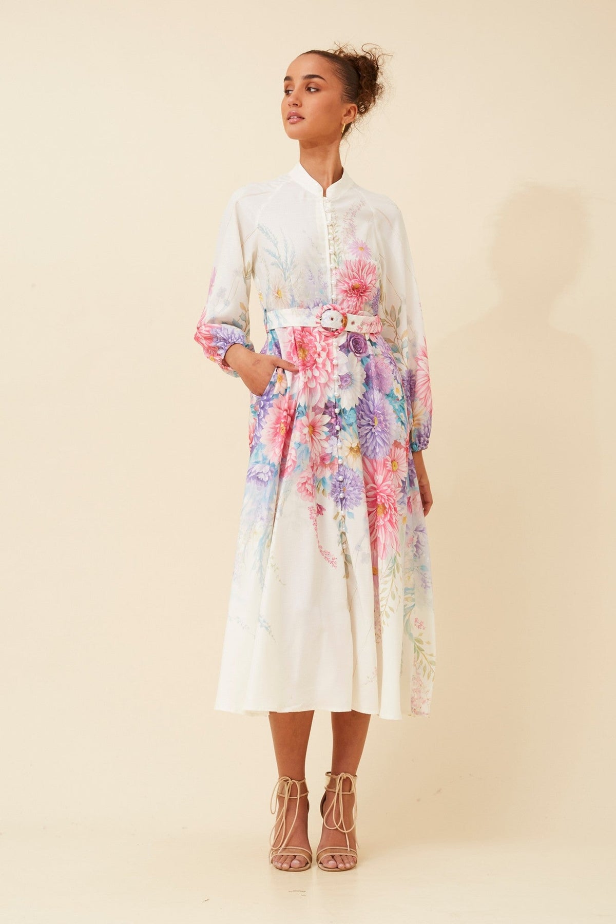 Image of Dresses. Product name - SONNET FLORAL MIDI DRESS in Multi Cream colour by brand - Caroline Morgan Australia