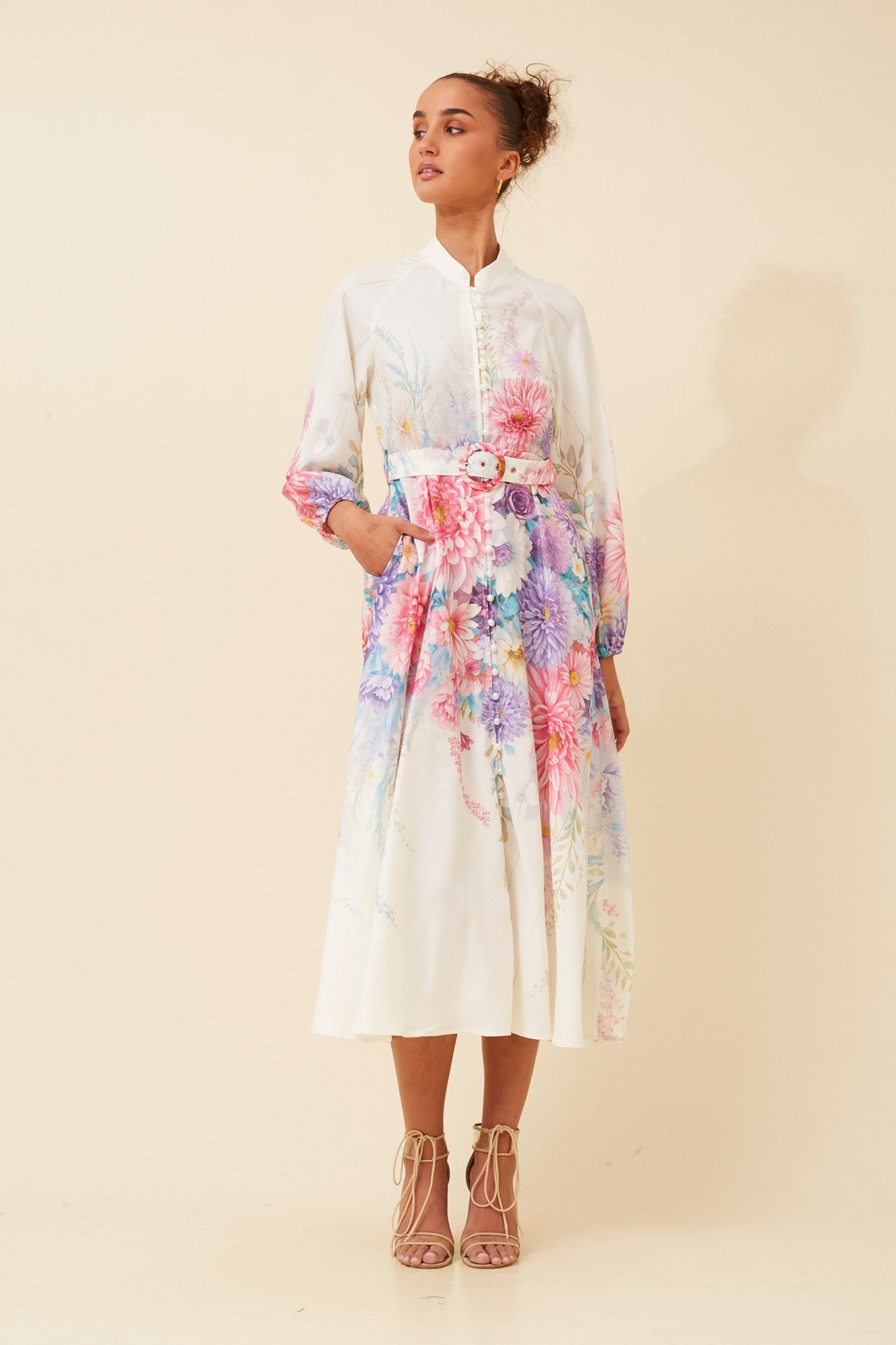 Image of Dresses. Product name - SONNET FLORAL MIDI DRESS in Multi Cream colour by brand - Caroline Morgan Australia