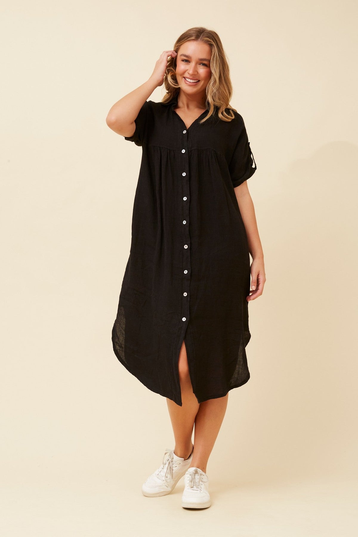 HAZELINA LINEN SHIRT DRESS (Black)