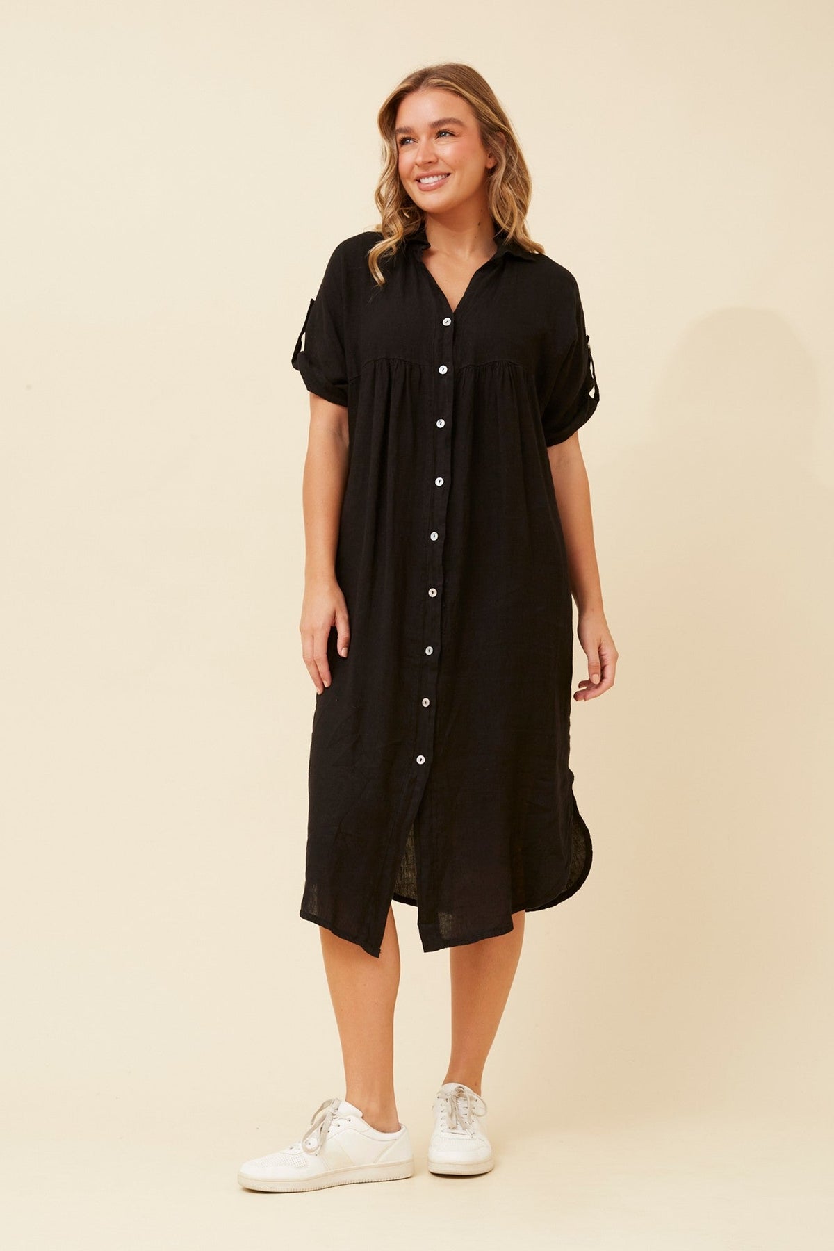 HAZELINA LINEN SHIRT DRESS (Black)