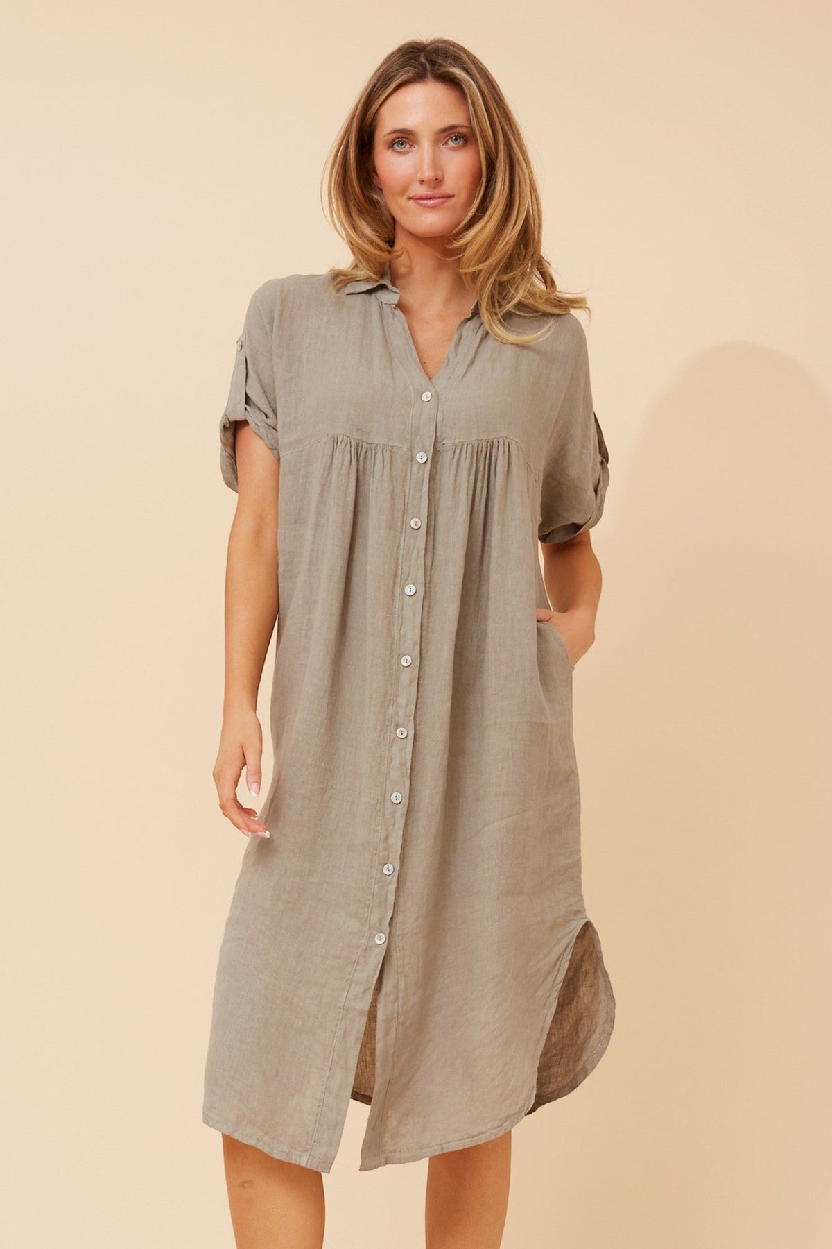 Image of Dresses. Product name - HAZELINA LINEN SHIRT DRESS in Fango colour by brand - BOTTEGA MODA