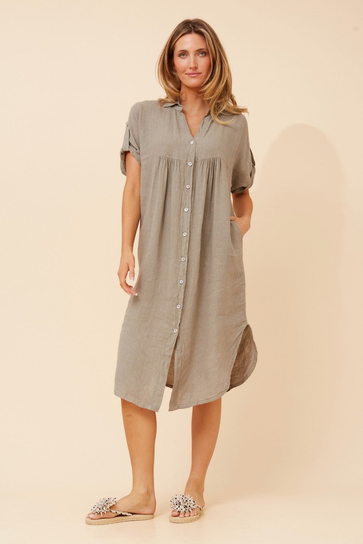 BOTTEGA MODA HAZELINA LINEN SHIRT DRESS (Fango)