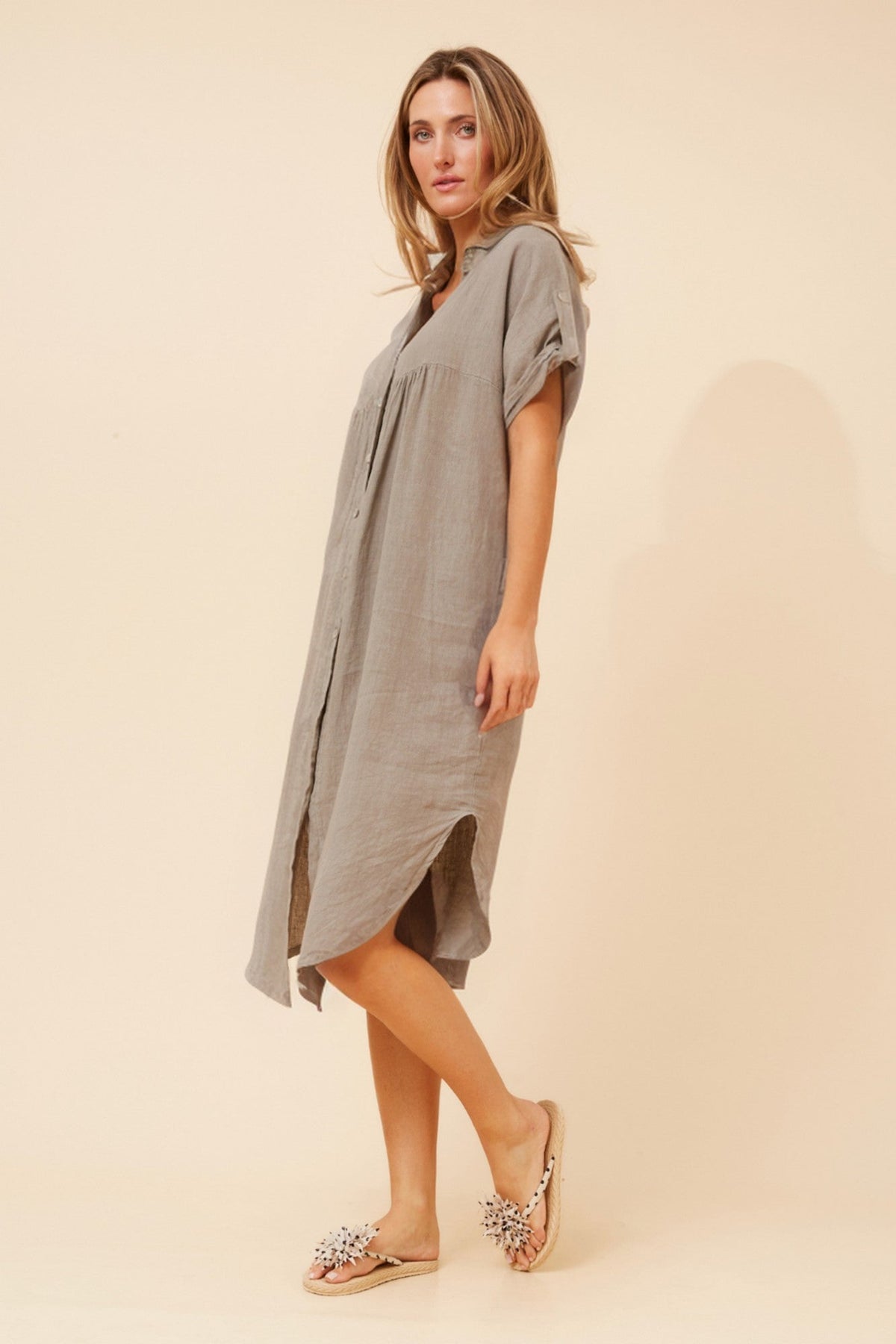 BOTTEGA MODA HAZELINA LINEN SHIRT DRESS (Fango)