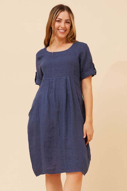Image of Dresses. Product name - PISA LINEN SHORT DRESS in Navy colour by brand - BOTTEGA MODA