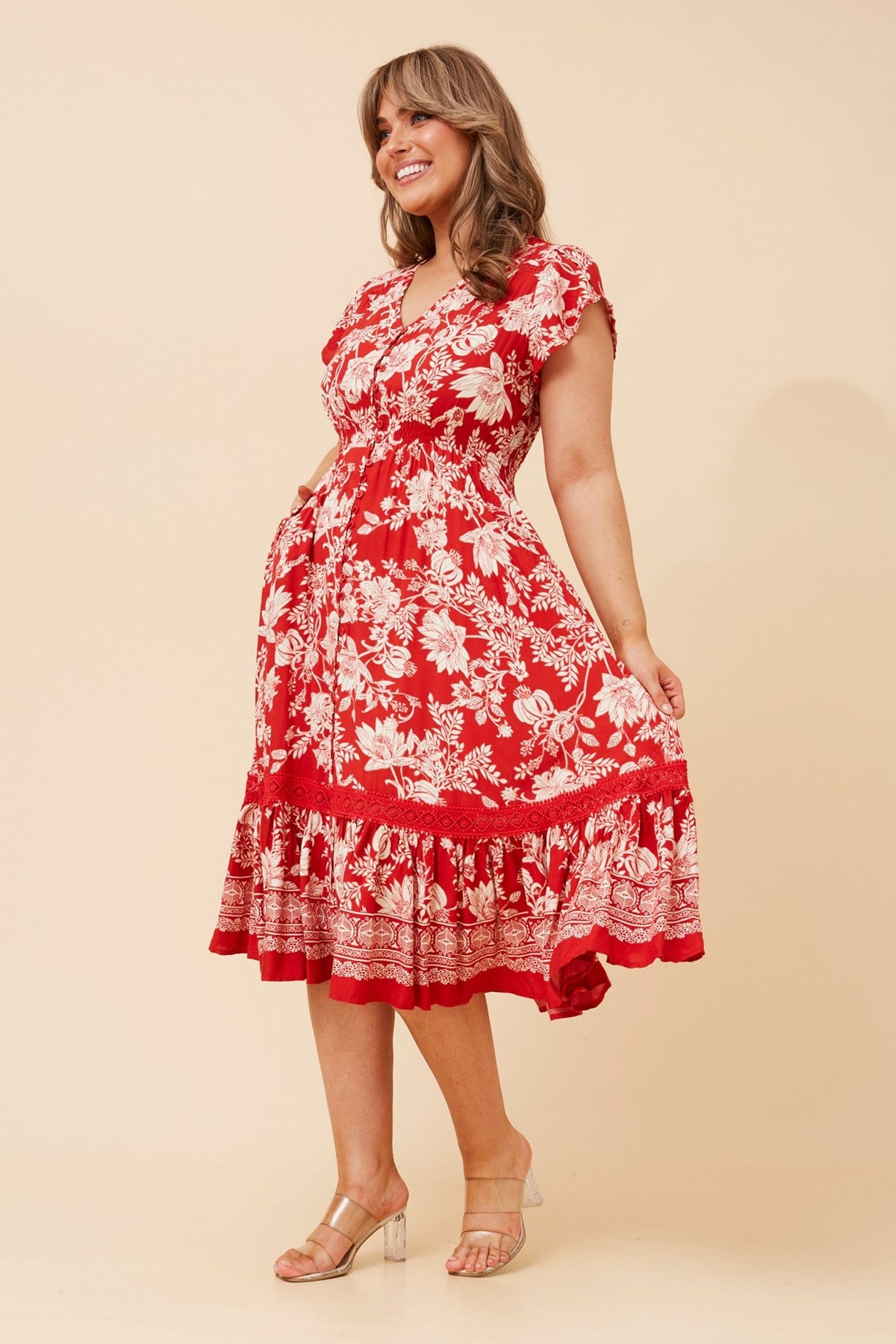 Image of Dresses. Product name - MOROCCO FLORAL MIDI DRESS in Red colour by brand - Caroline Morgan Australia