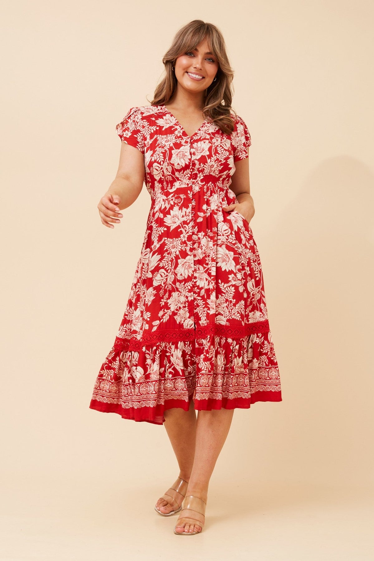 MOROCCO FLORAL MIDI DRESS (Red)