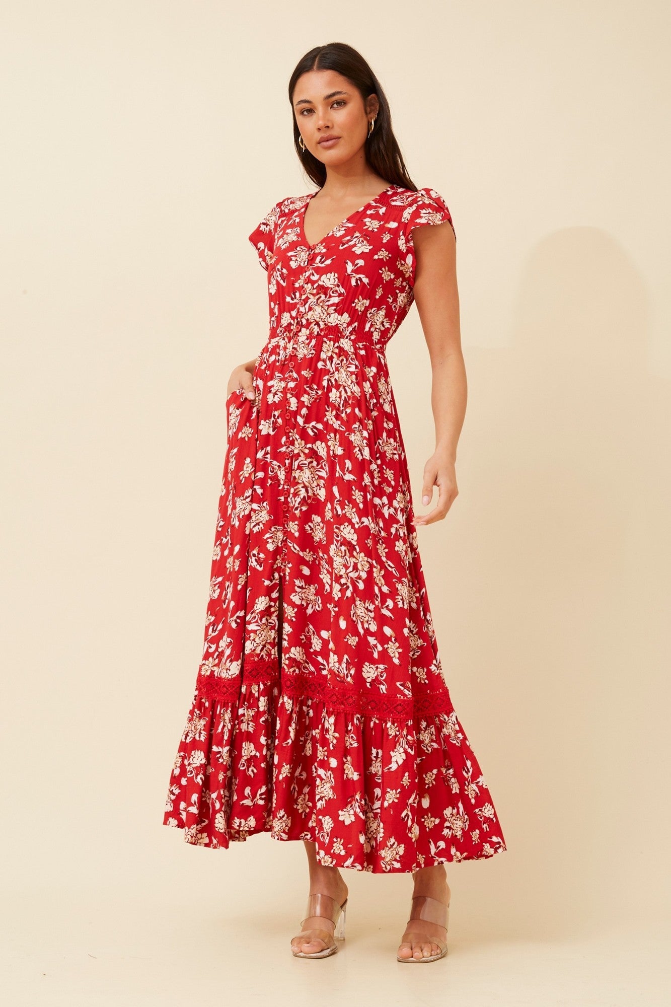 Image of Dresses. Product name - MOROCCO FLORAL MAXI DRESS in Red colour by brand - Caroline Morgan Australia