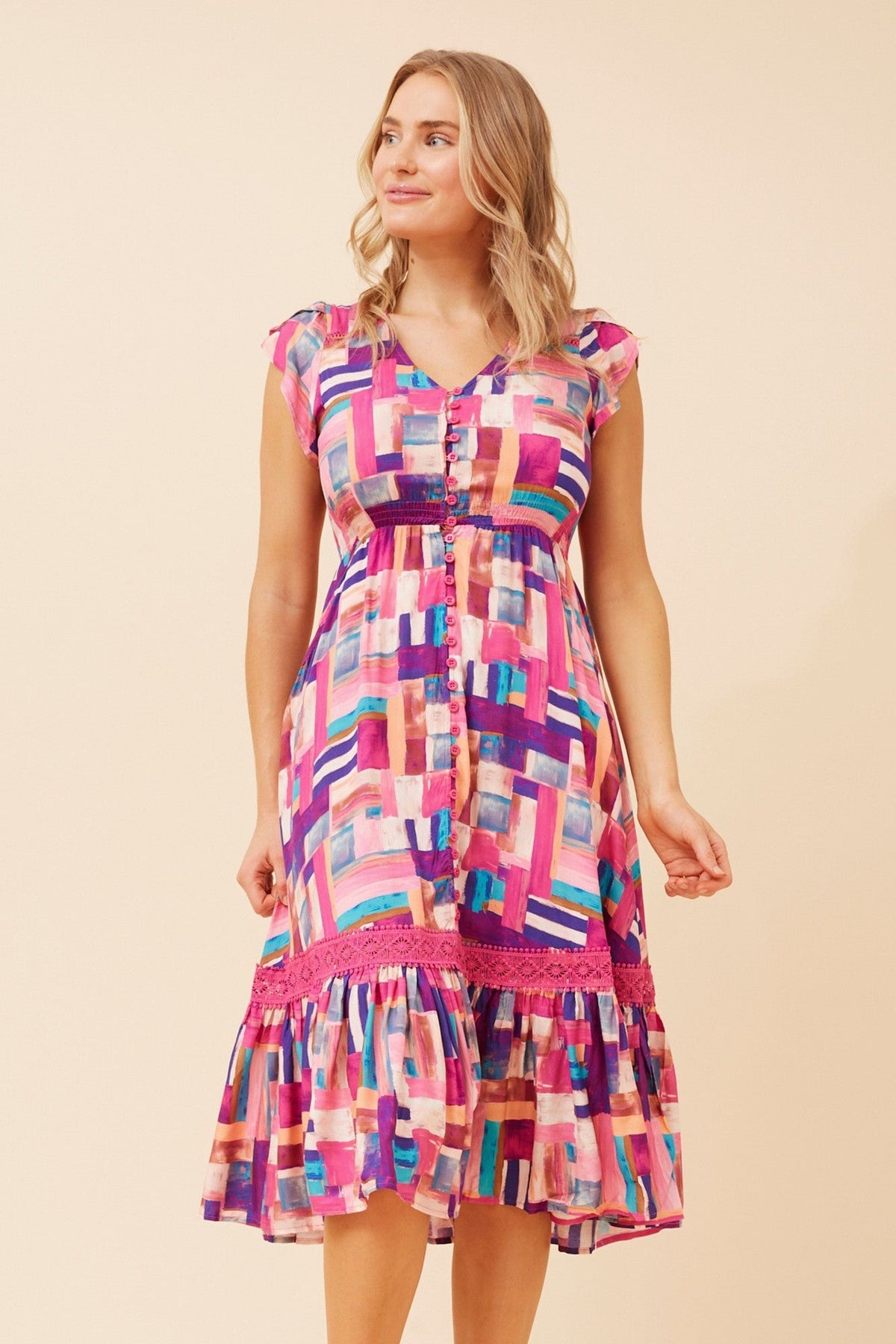 Image of Dresses. Product name - MOROCCO ABSTRACT PRINT MIDI DRESS in Pink colour by brand - Caroline Morgan Australia