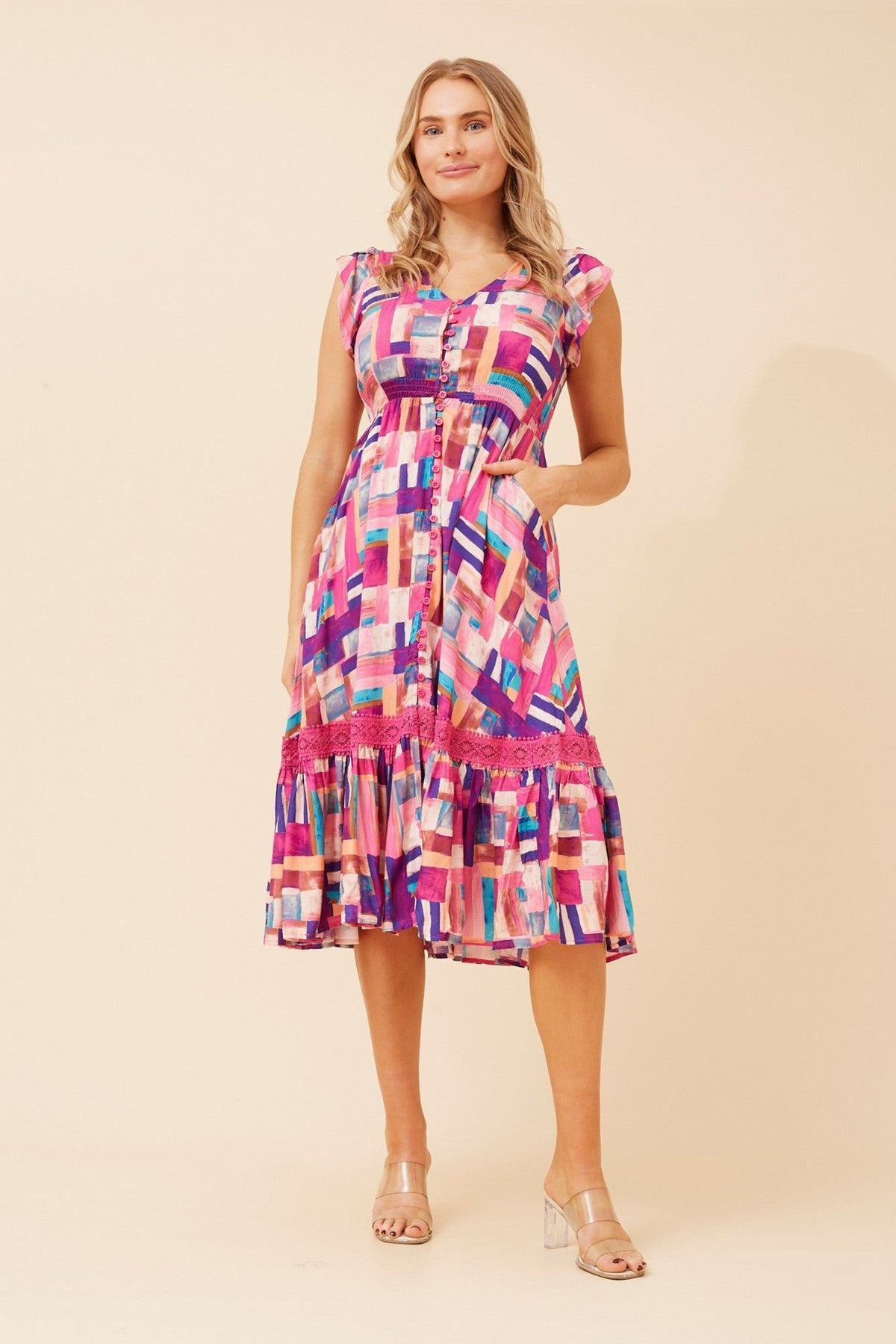 MOROCCO ABSTRACT PRINT MIDI DRESS (Pink)