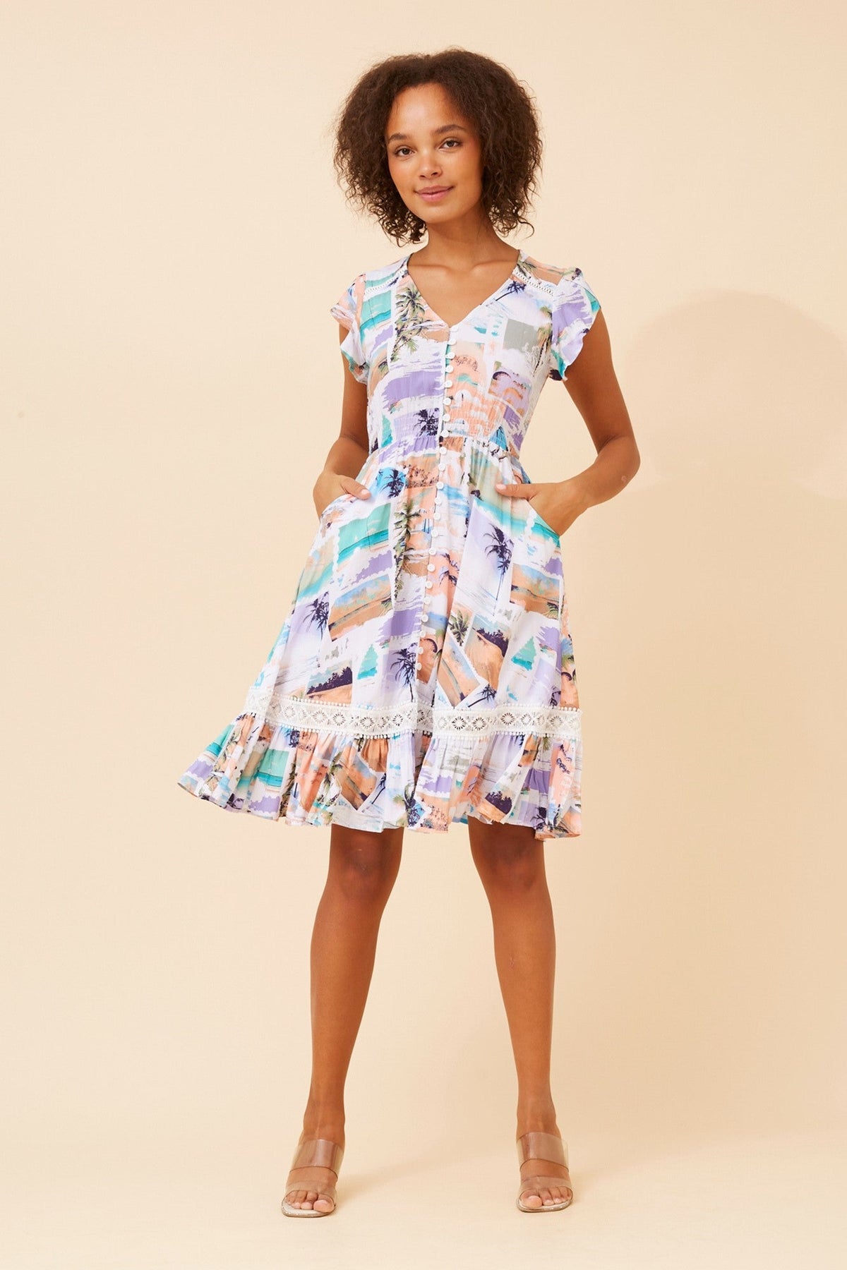 Image of Dresses. Product name - MOROCCO POSTCARD PRINT DRESS in Multi White colour by brand - Caroline Morgan Australia