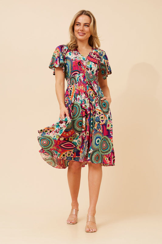 Image of Dresses. Product name - SANDY ABSTRACT PRINT DRESS in Multi Pink colour by brand - Caroline Morgan Australia