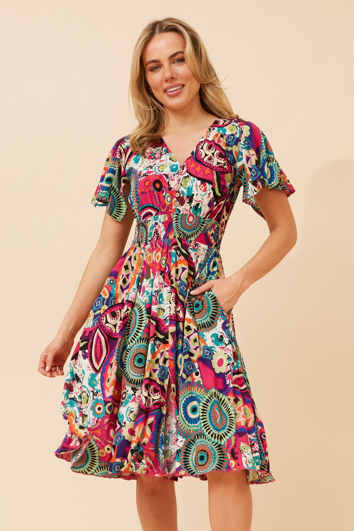 SANDY ABSTRACT PRINT DRESS (Multi Pink)
