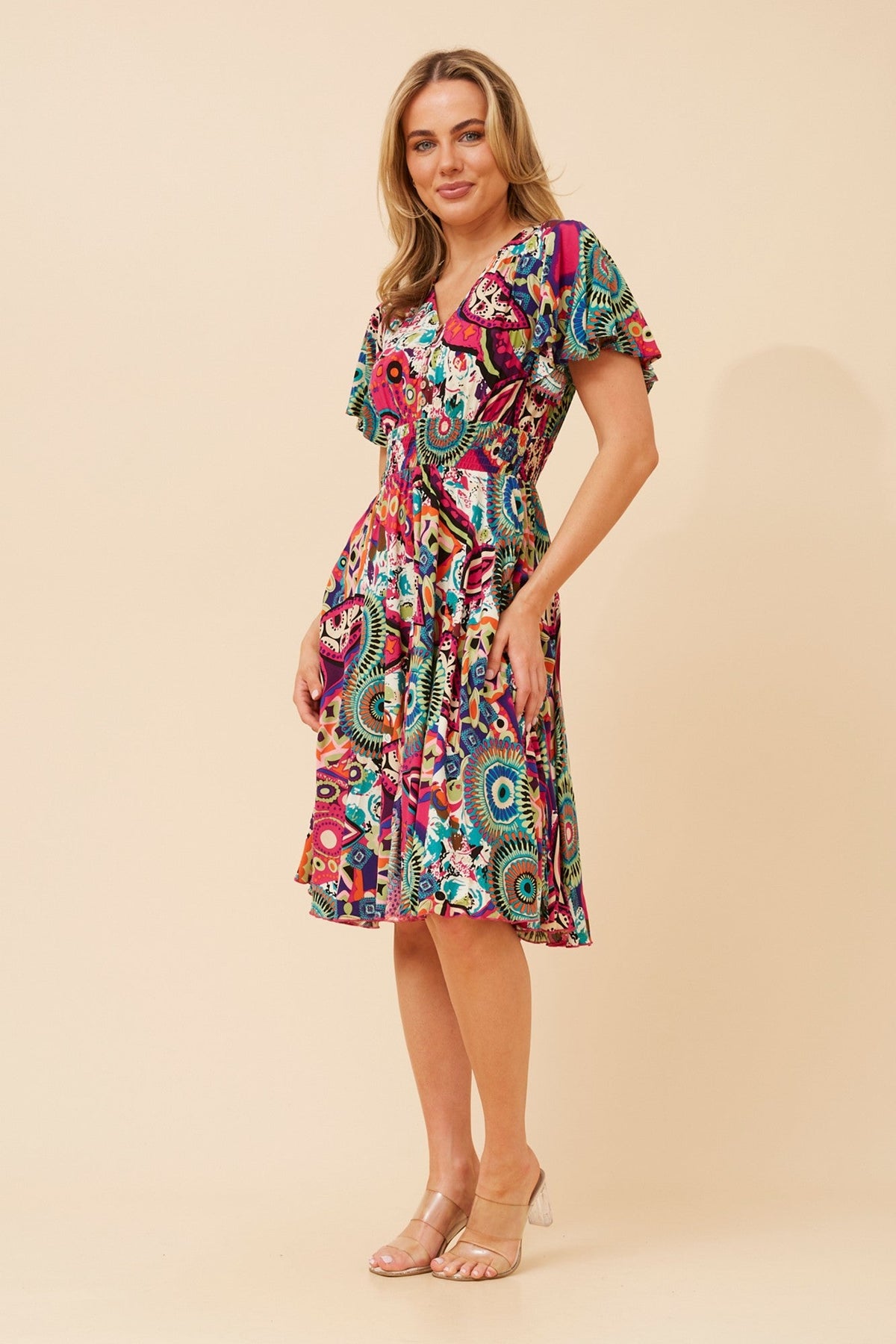 SANDY ABSTRACT PRINT DRESS (Multi Pink)