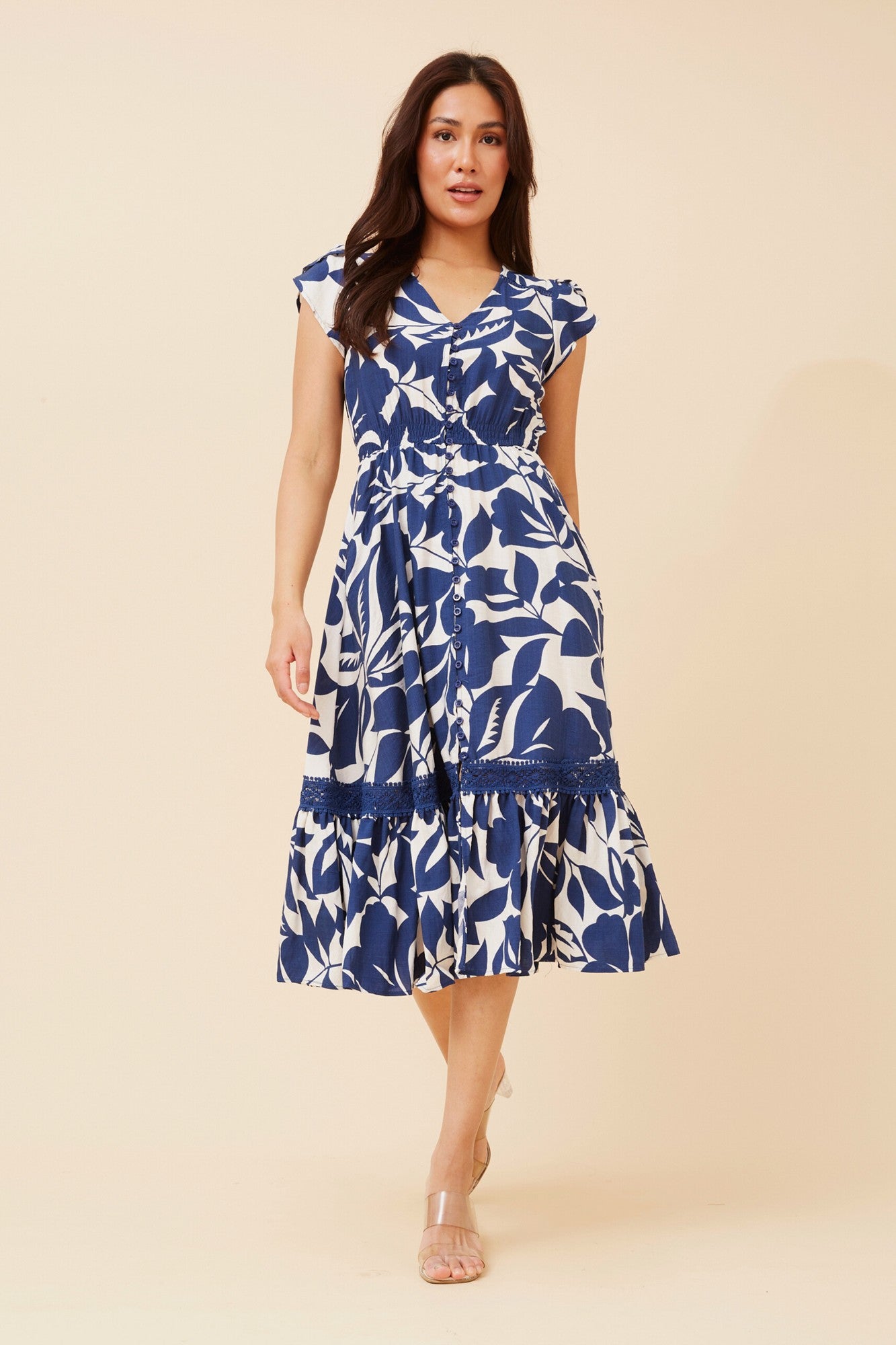 Image of Dresses. Product name - MOROCCO LEAF PRINT MIDI DRESS in Blue colour by brand - Caroline Morgan Australia