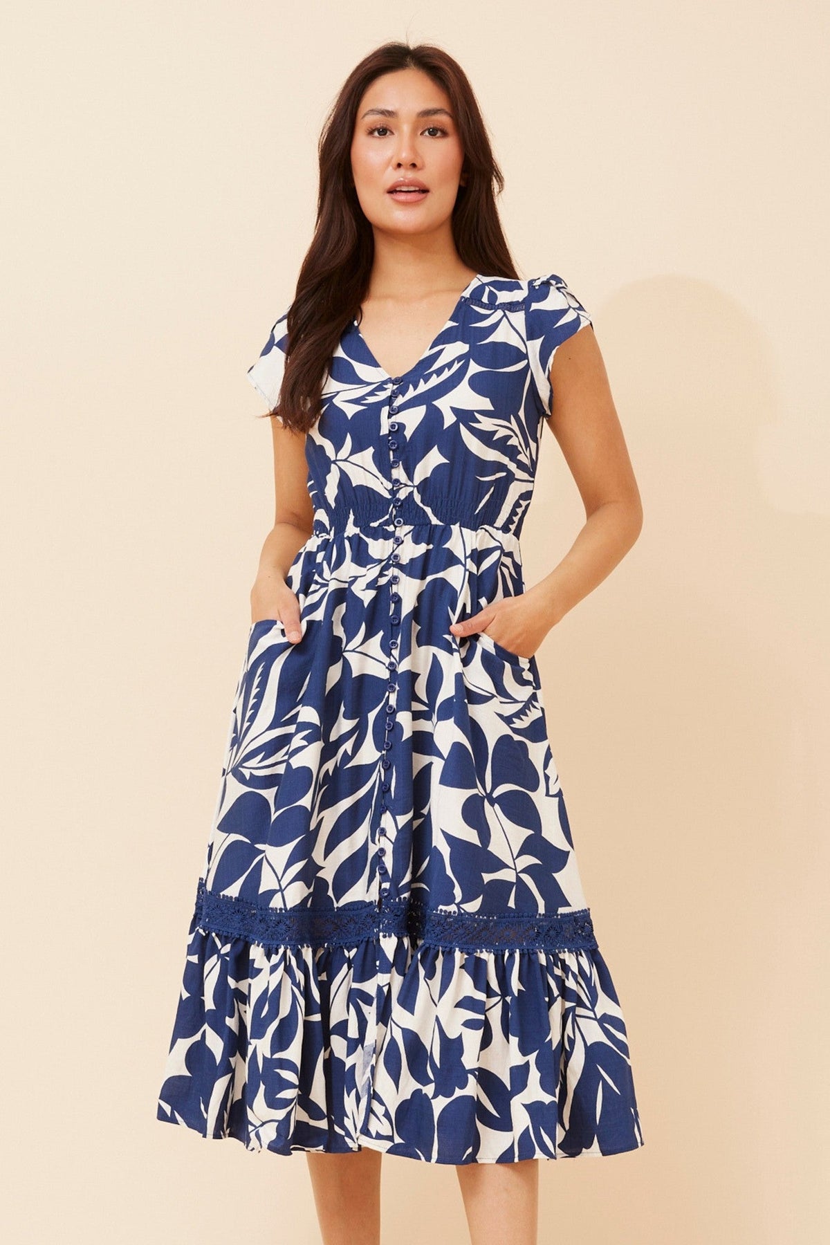 MOROCCO LEAF PRINT MIDI DRESS (Blue)