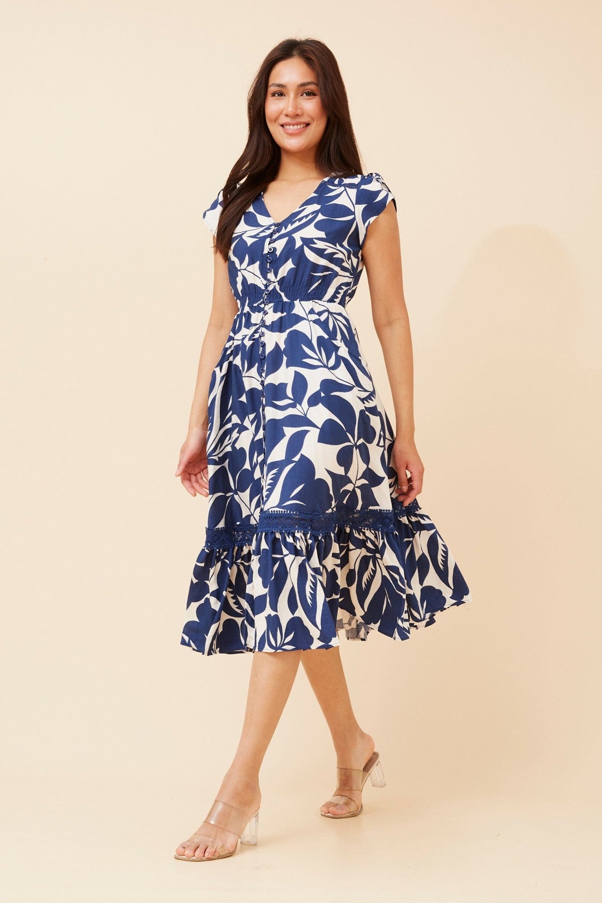 MOROCCO LEAF PRINT MIDI DRESS (Blue)