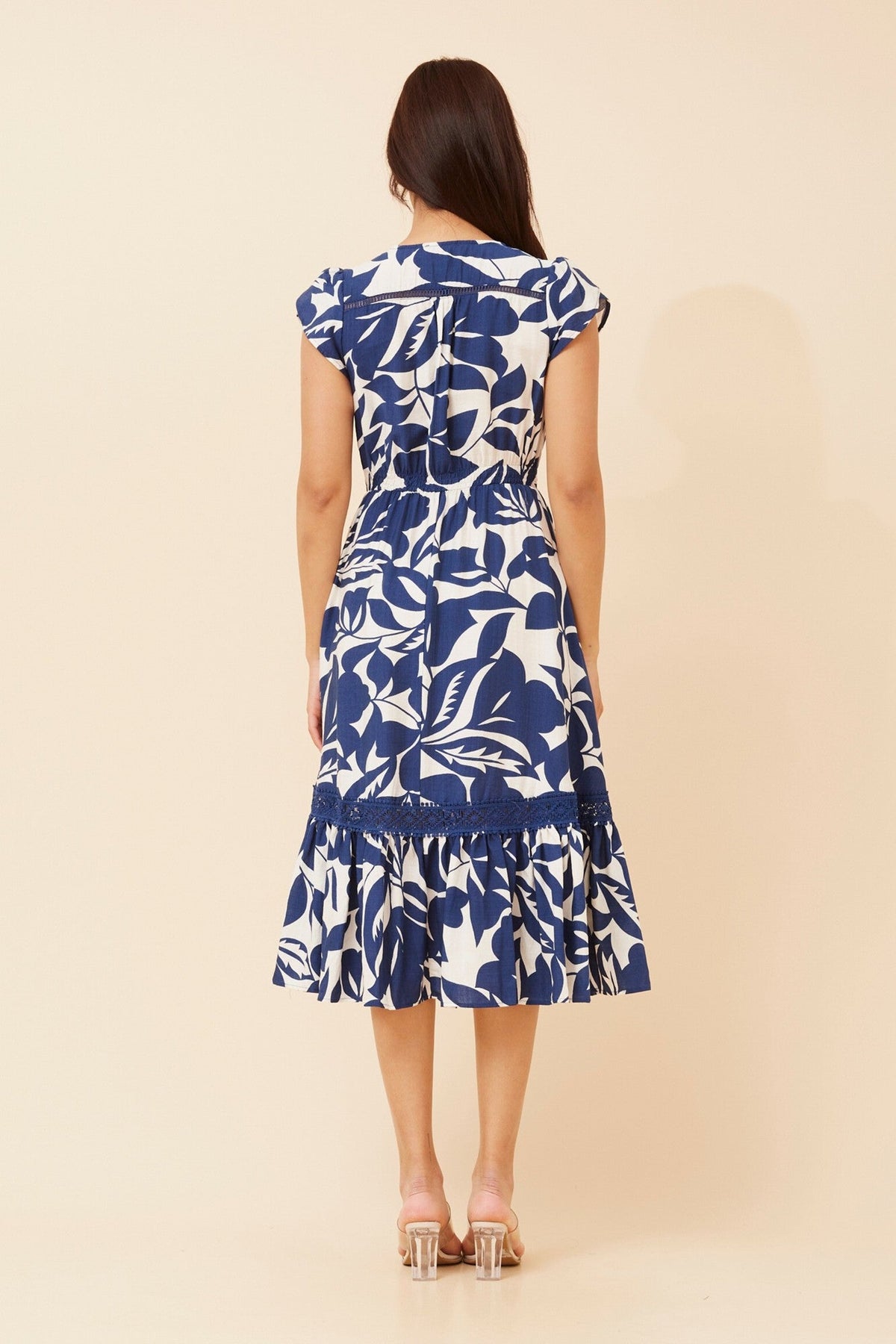MOROCCO LEAF PRINT MIDI DRESS (Blue)