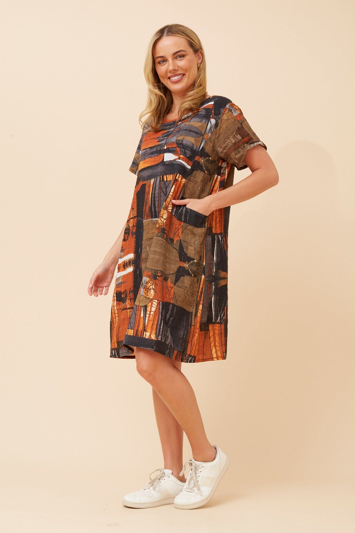 Image of Dresses. Product name - VINE ABSTRACT PRINT DRESS in Burnt Sienna colour by brand - Caroline Morgan Australia