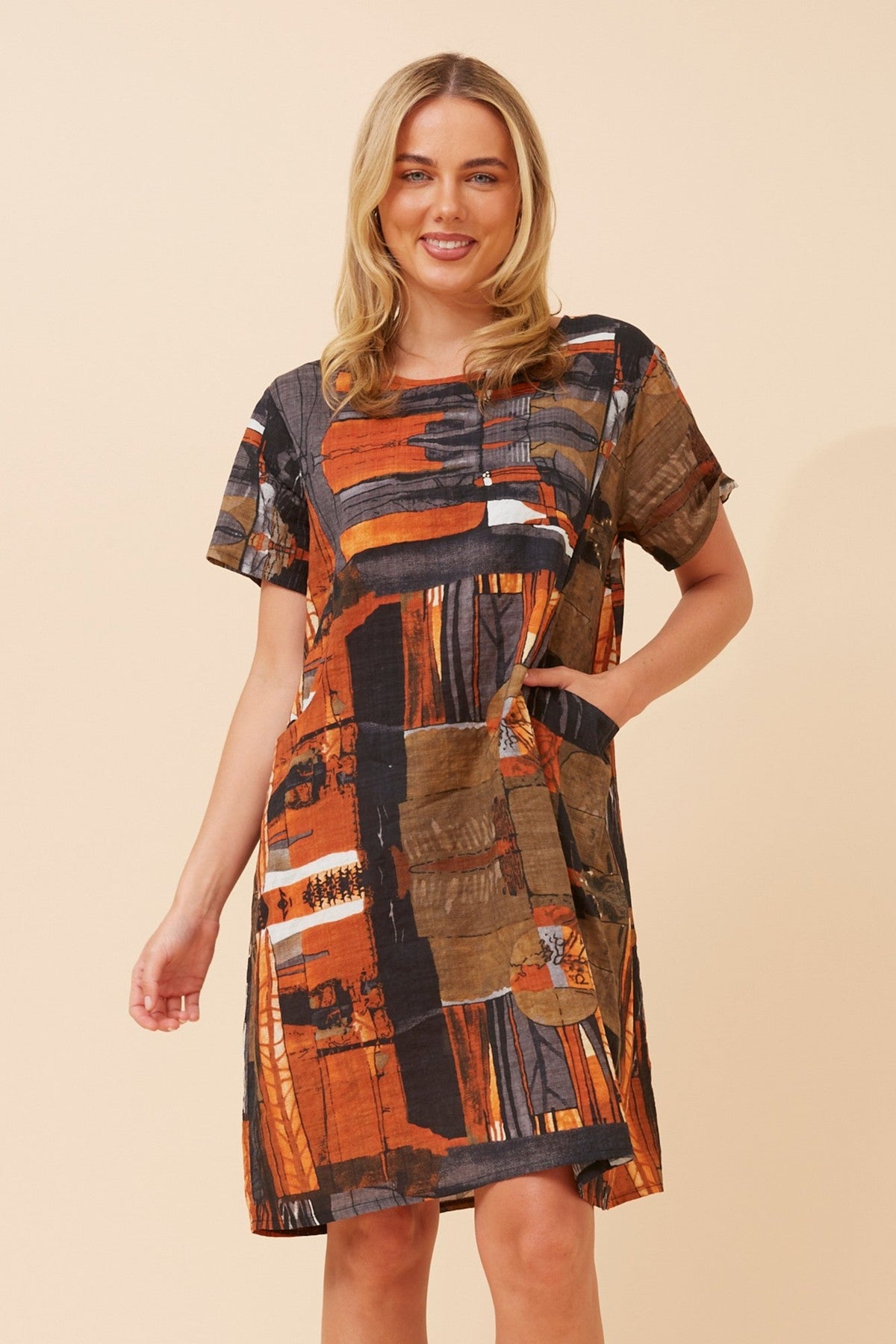 VINE ABSTRACT PRINT DRESS (Burnt Sienna)