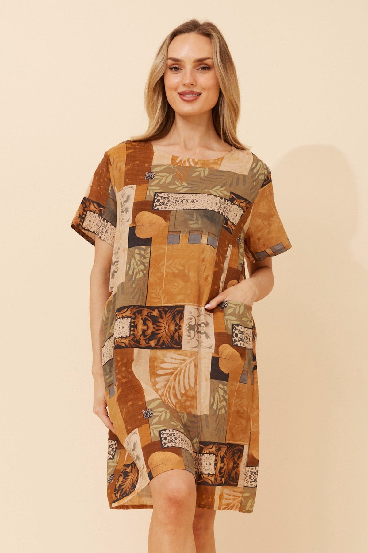 VINE PATCHWORK PRINT SHIFT DRESS (Rust)