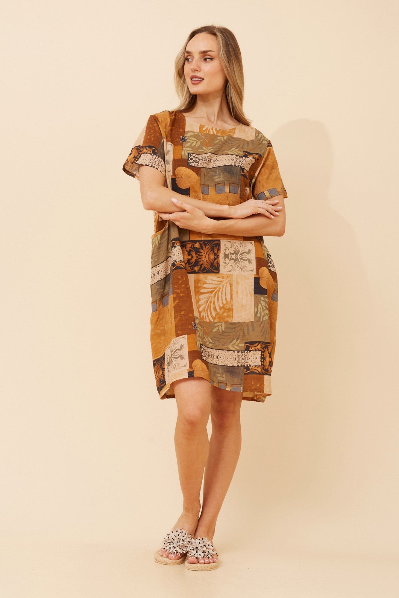 VINE PATCHWORK PRINT SHIFT DRESS (Rust)