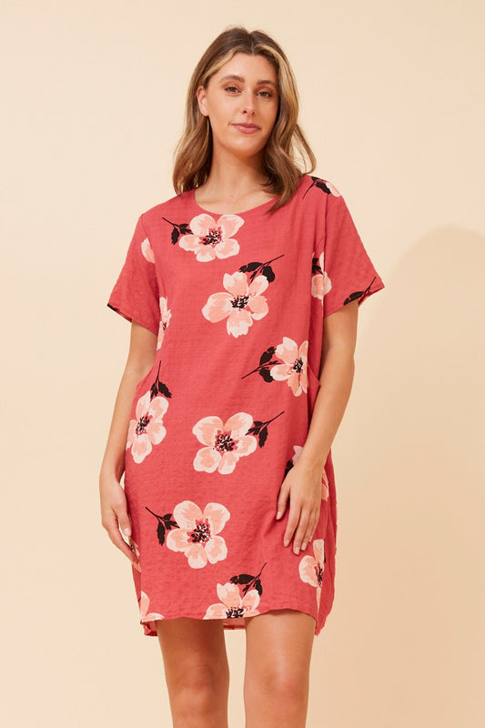 VINE FLORAL SHIFT DRESS (Red)