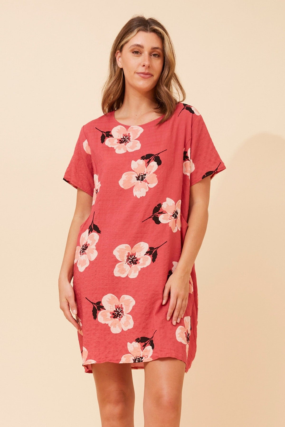 VINE FLORAL SHIFT DRESS (Red)