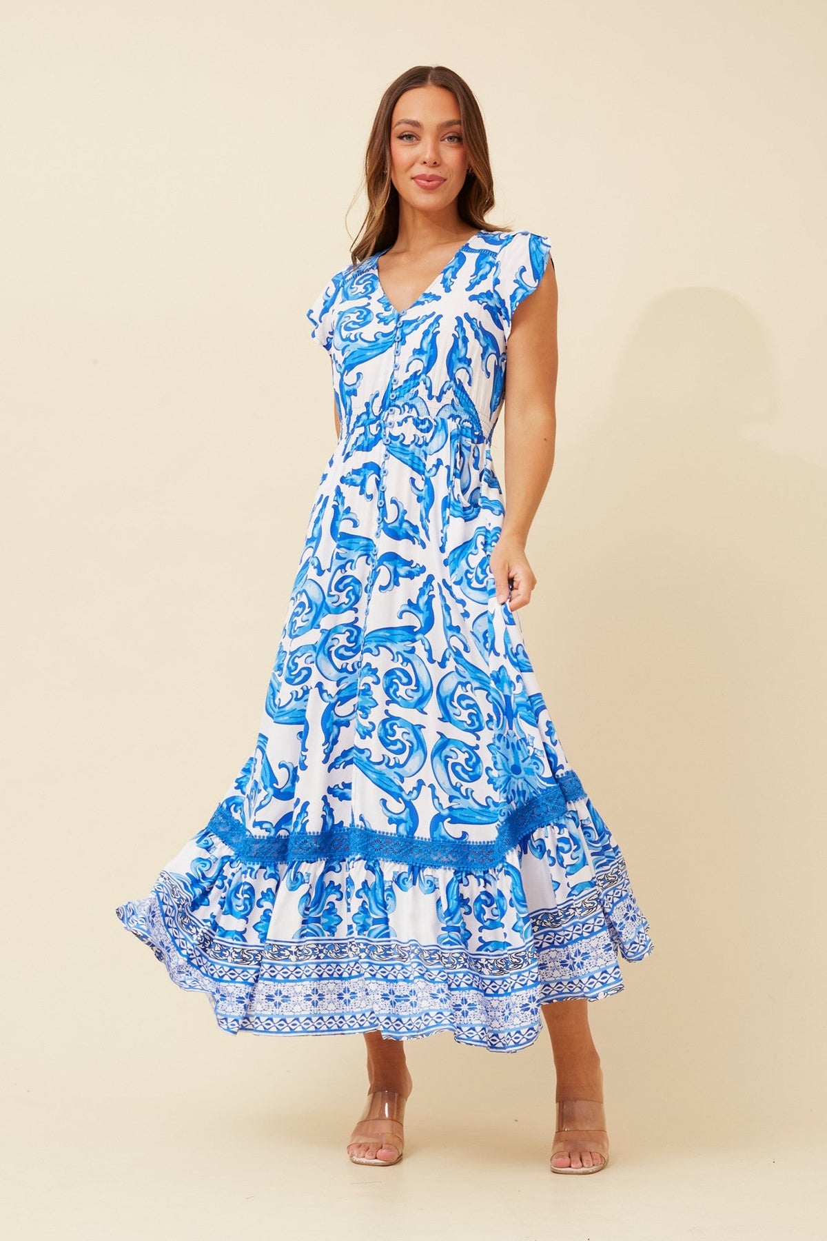 Image of Dresses. Product name - MOROCCO BORDER PRINT MAXI DRESS in Blue colour by brand - Caroline Morgan Australia