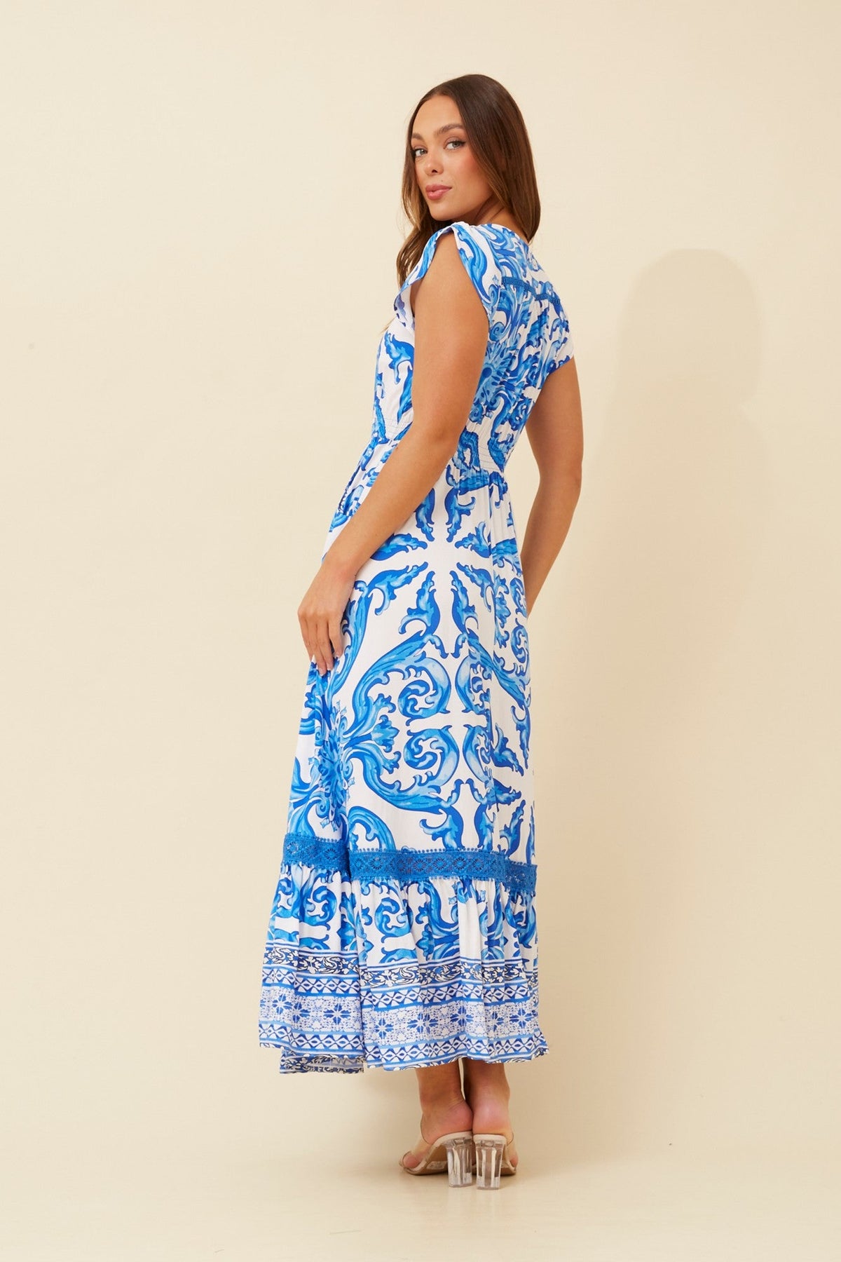 MOROCCO BORDER PRINT MAXI DRESS (Blue)