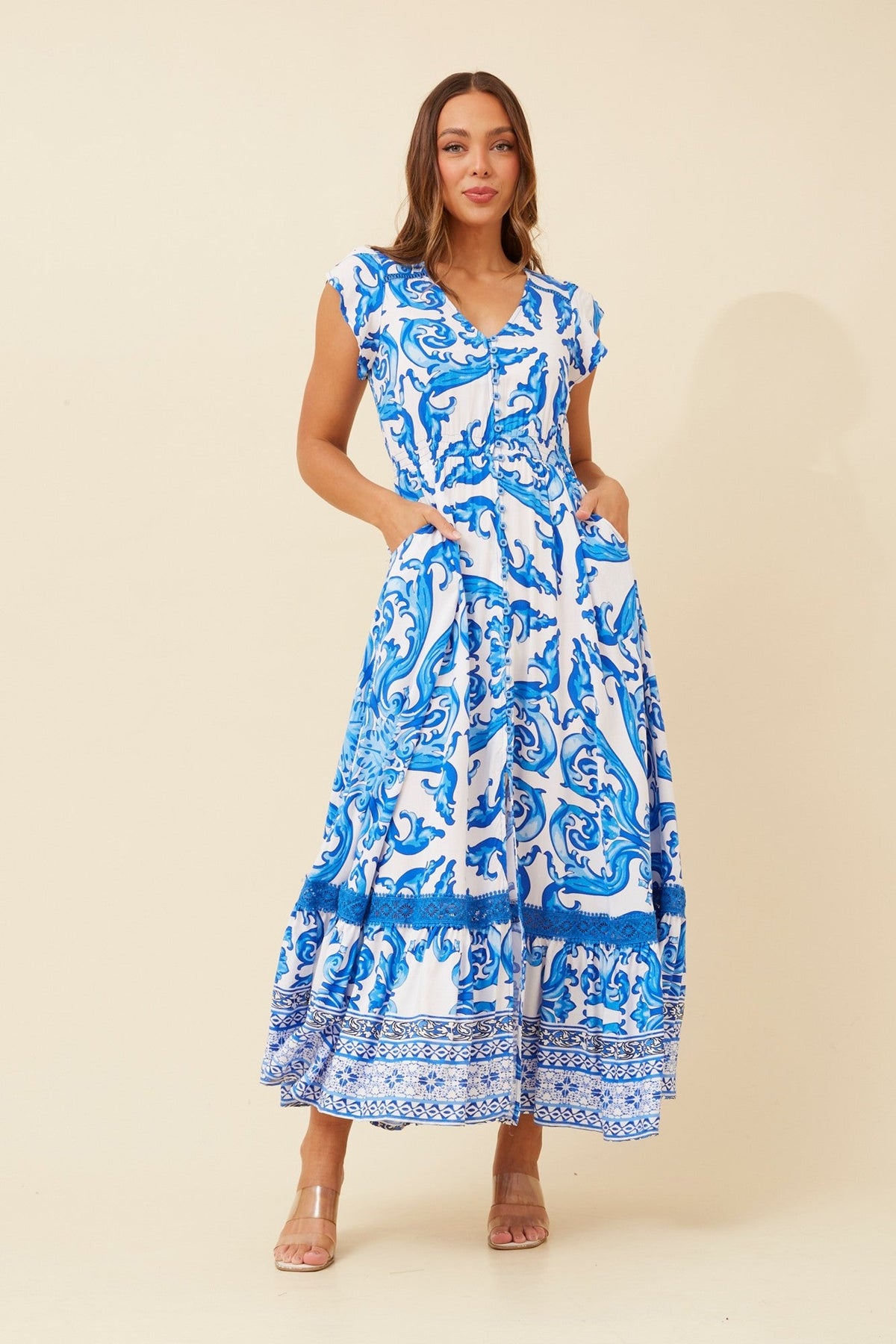 MOROCCO BORDER PRINT MAXI DRESS (Blue)