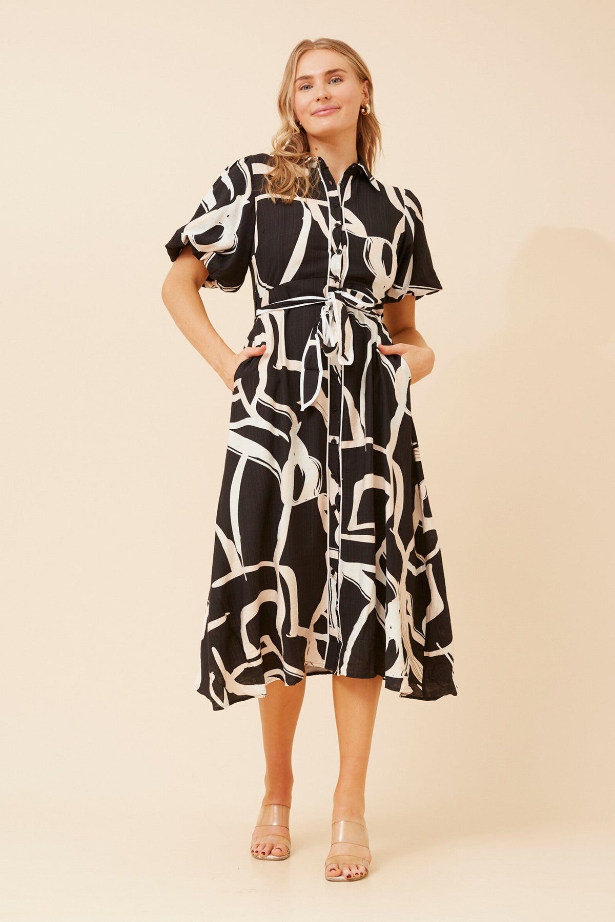 ESSIE ABSTRACT PRINT MIDI DRESS (Black)