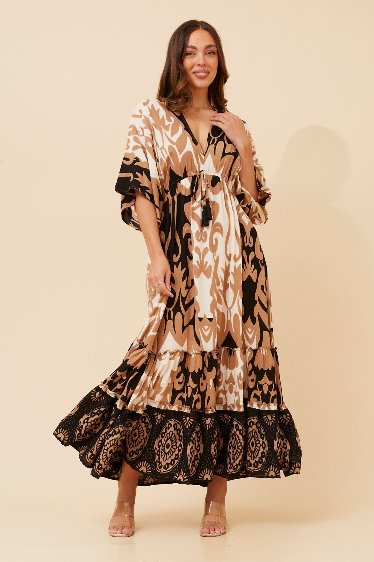 Image of Dresses. Product name - CHANDRA PRINTED MAXI DRESS in Multi Black colour by brand - MYSTIC MONSOON