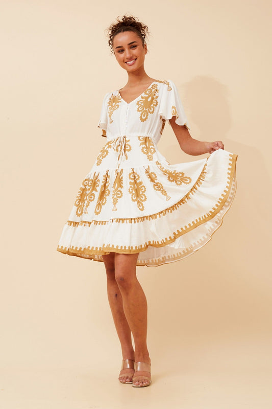 Image of Dresses. Product name - CHLOE BORDER PRINT DRESS in Beige colour by brand - Caroline Morgan Australia