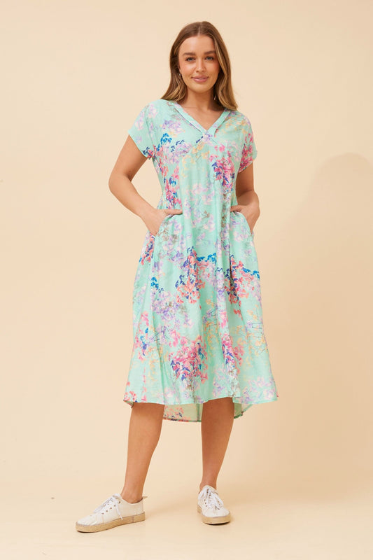 Image of Dresses. Product name - CASPIAN FLORAL MIDI DRESS in Ice Mint colour by brand - Caroline Morgan Australia